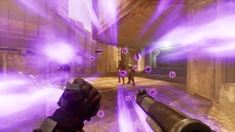 Bullet Time slowing a volley of rounds in a concrete underpass, the bullets circled in purple