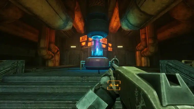 A glowing blue reactor column in a dark industrial chamber with orange screens